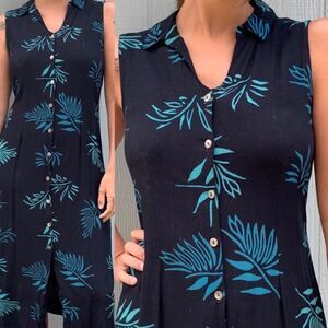 Norm Thompson blue tropical Button front midi sleeveless Rayon beachy dress L